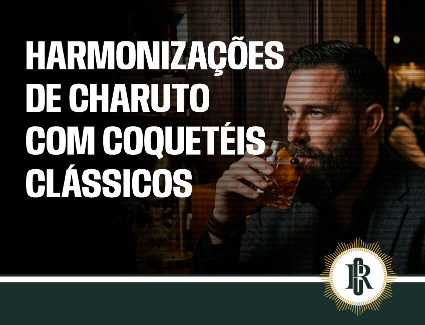Homem degustando charuto e coquetéis clássicos.