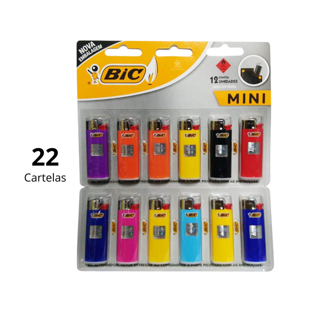Kit Com 22 Cartelas de Isqueiro Bic Mini
