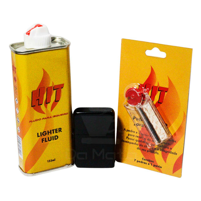 Kit Fluido HIT + Pavio e Pedra + Isqueiro Cromado